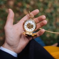 Vreckové drevené hodinky Skelett Gold